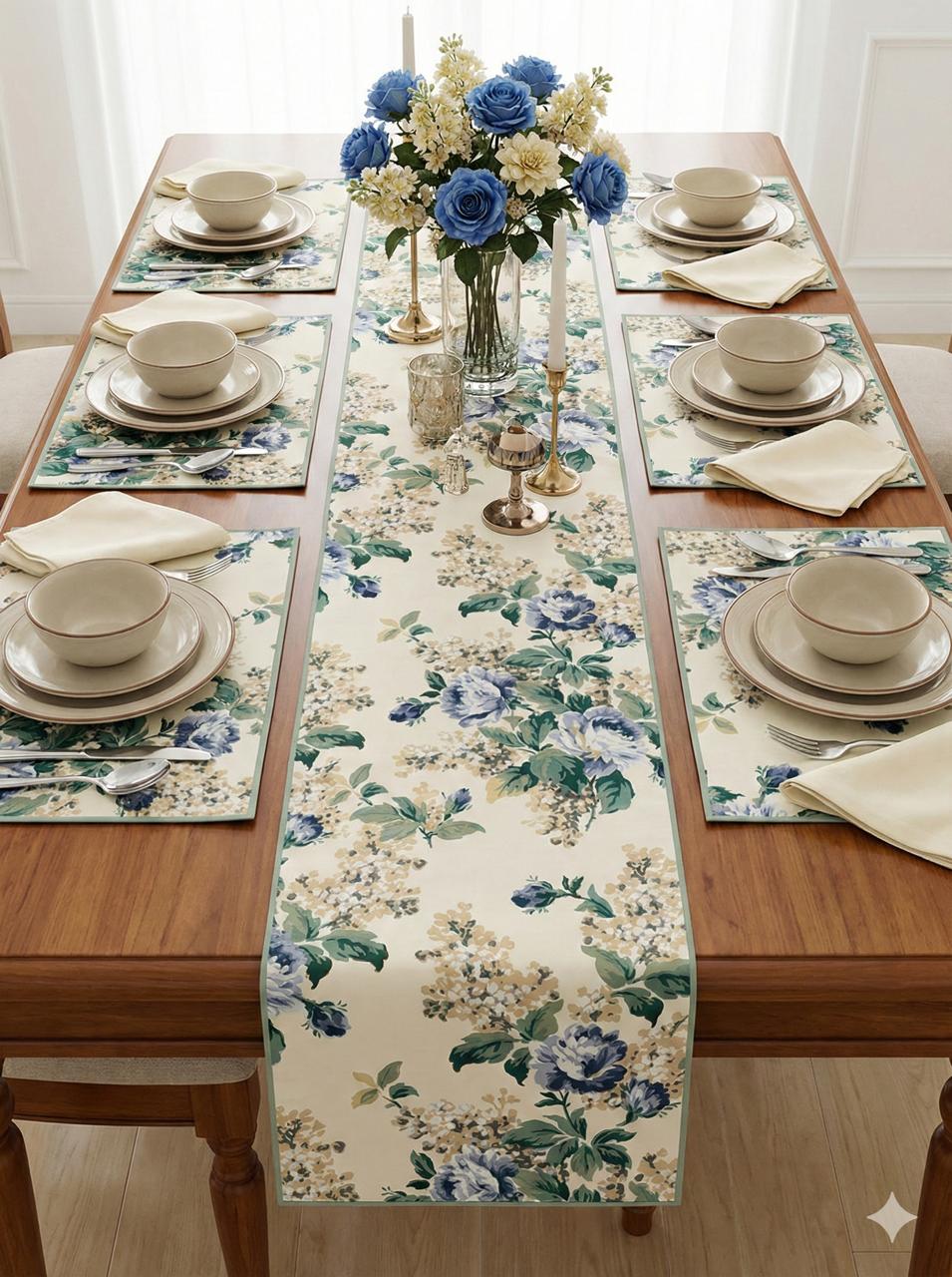 Pure cotton printed table runner and placemats combo for 6 seater dining tables