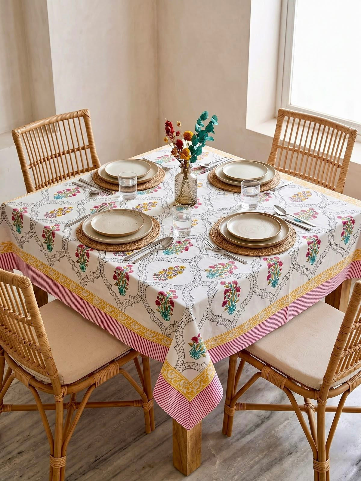 Pure cotton hand-block printed 4 seater square table covers 60x60 inches / 5x5 feet