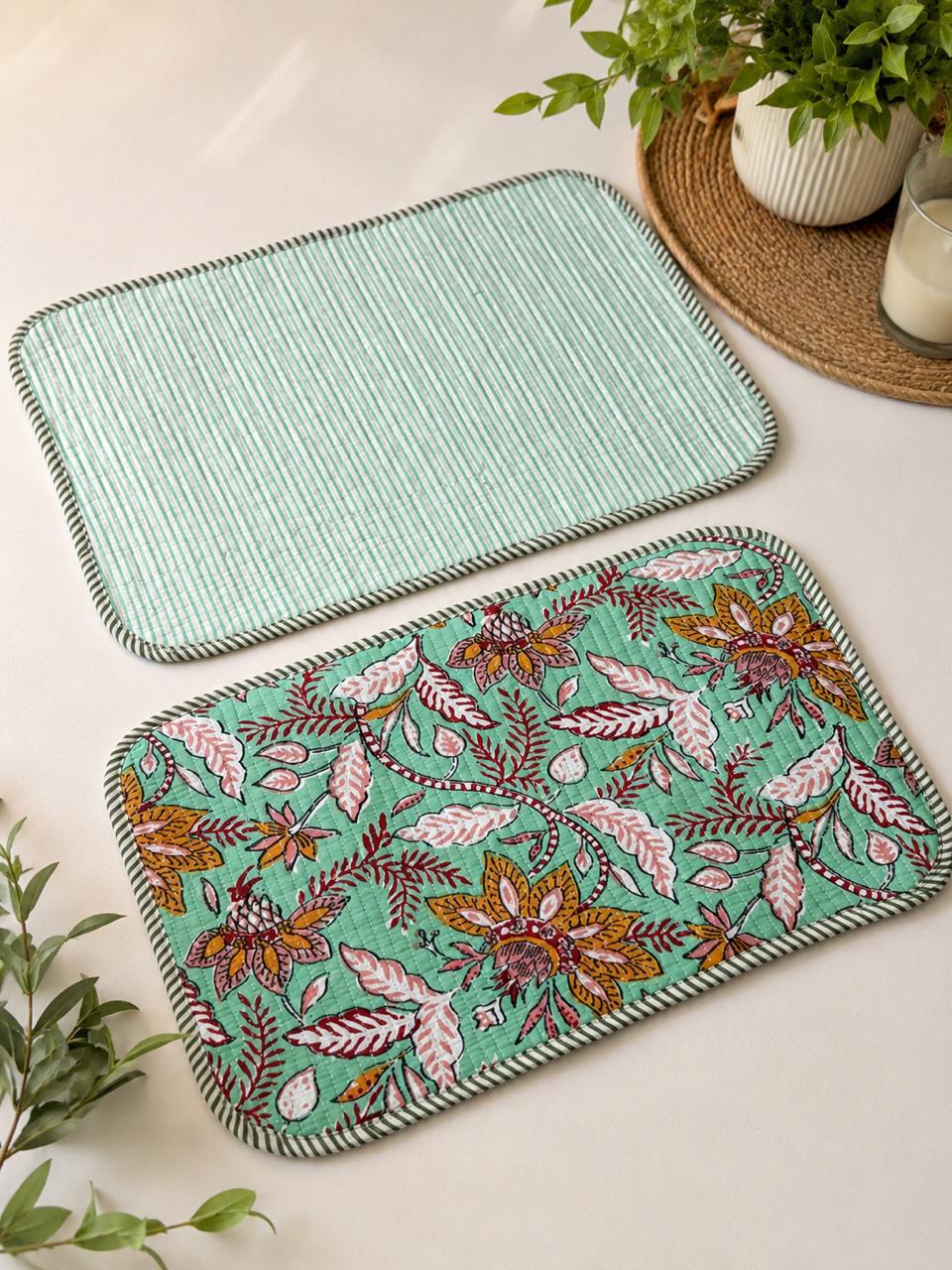 Pure cotton quilted reversible placemats 12x18 inches (set of 2)