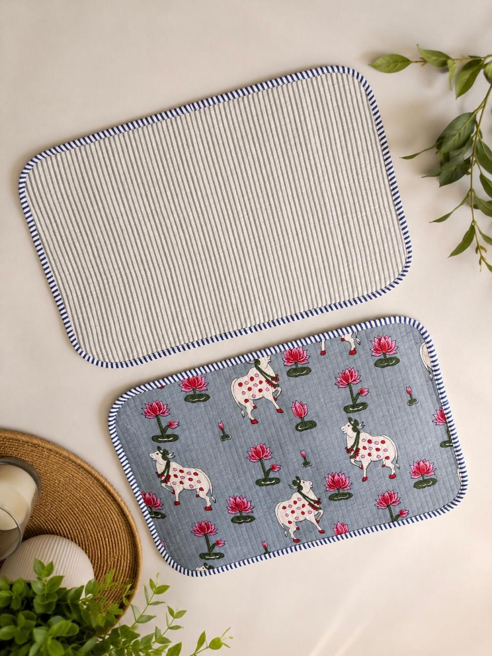 Pure cotton quilted reversible placemats 12x18 inches (set of 2)