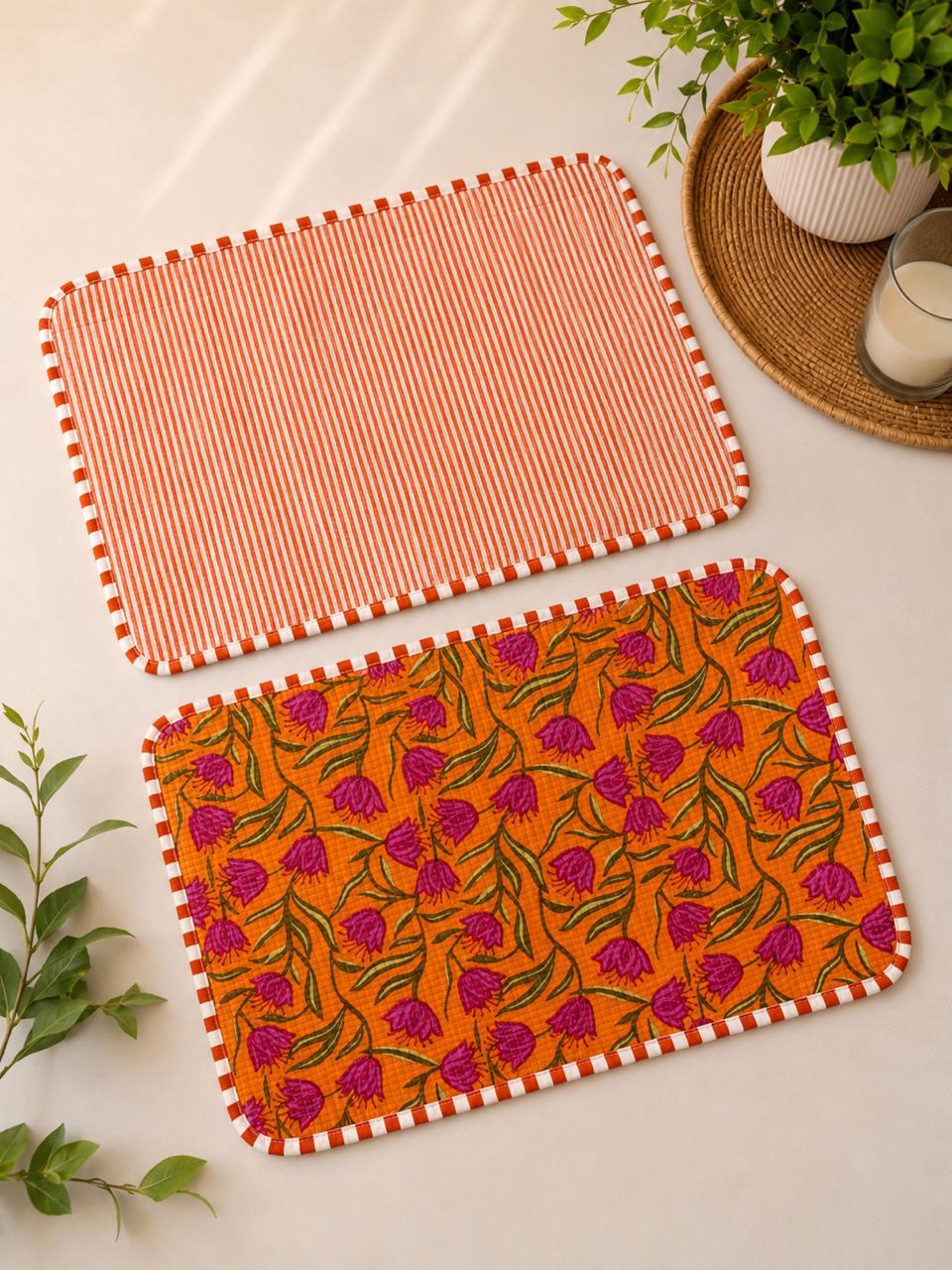 Pure cotton quilted reversible placemats 12x18 inches (set of 2)
