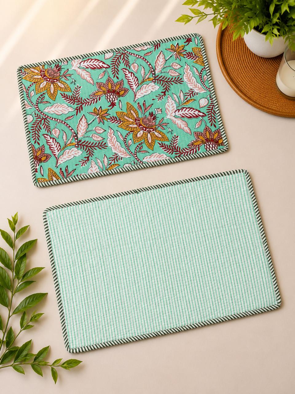 Pure cotton quilted reversible placemats 12x18 inches (set of 2)