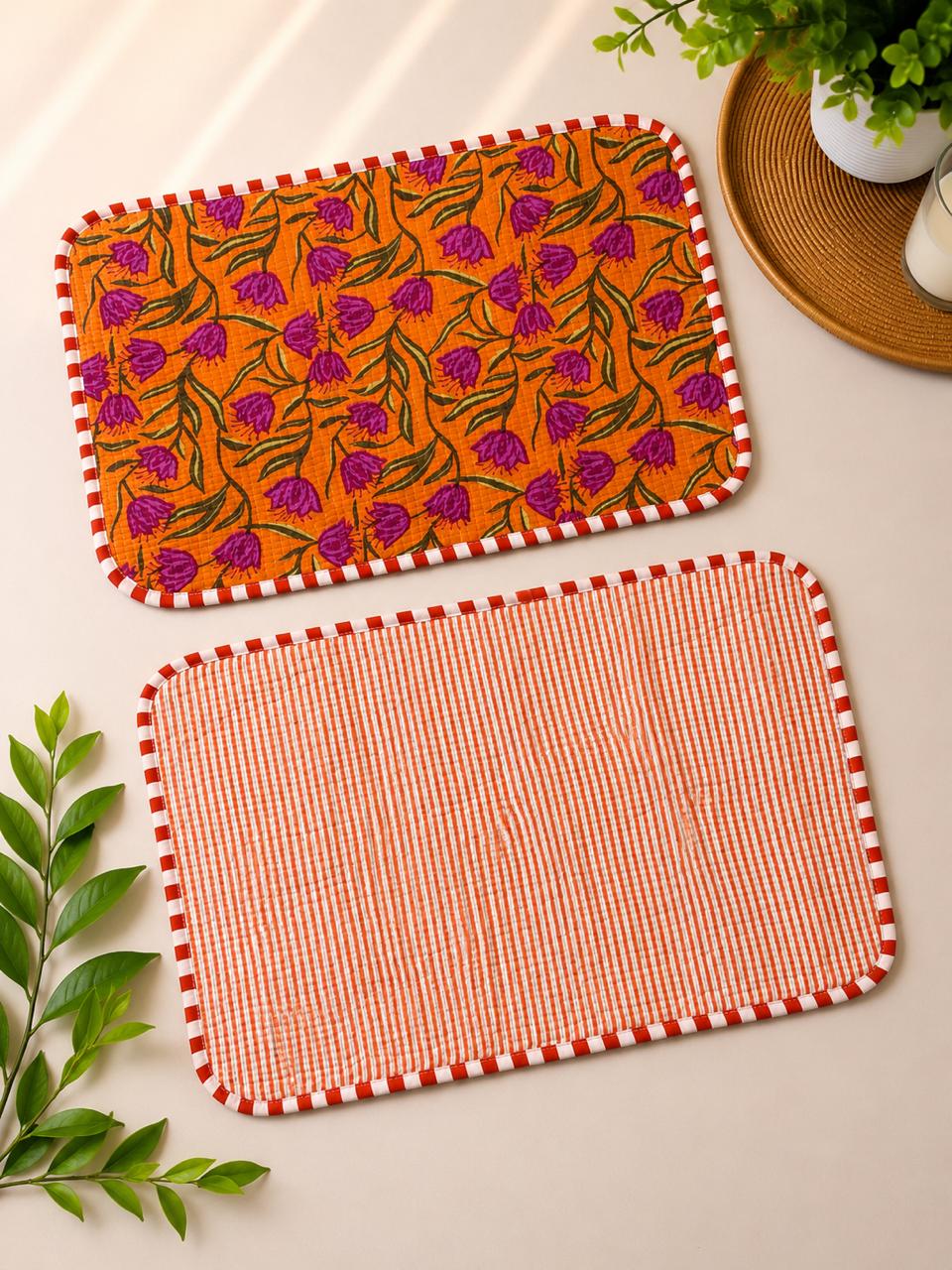 Pure cotton quilted reversible placemats 12x18 inches (set of 2)