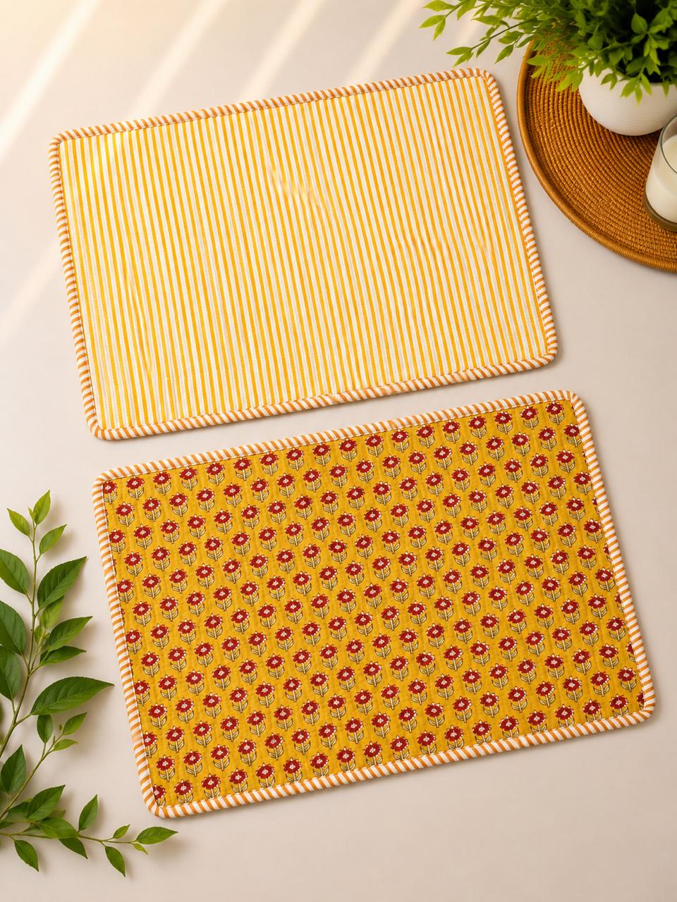 Pure cotton quilted reversible placemats 12x18 inches (set of 2)
