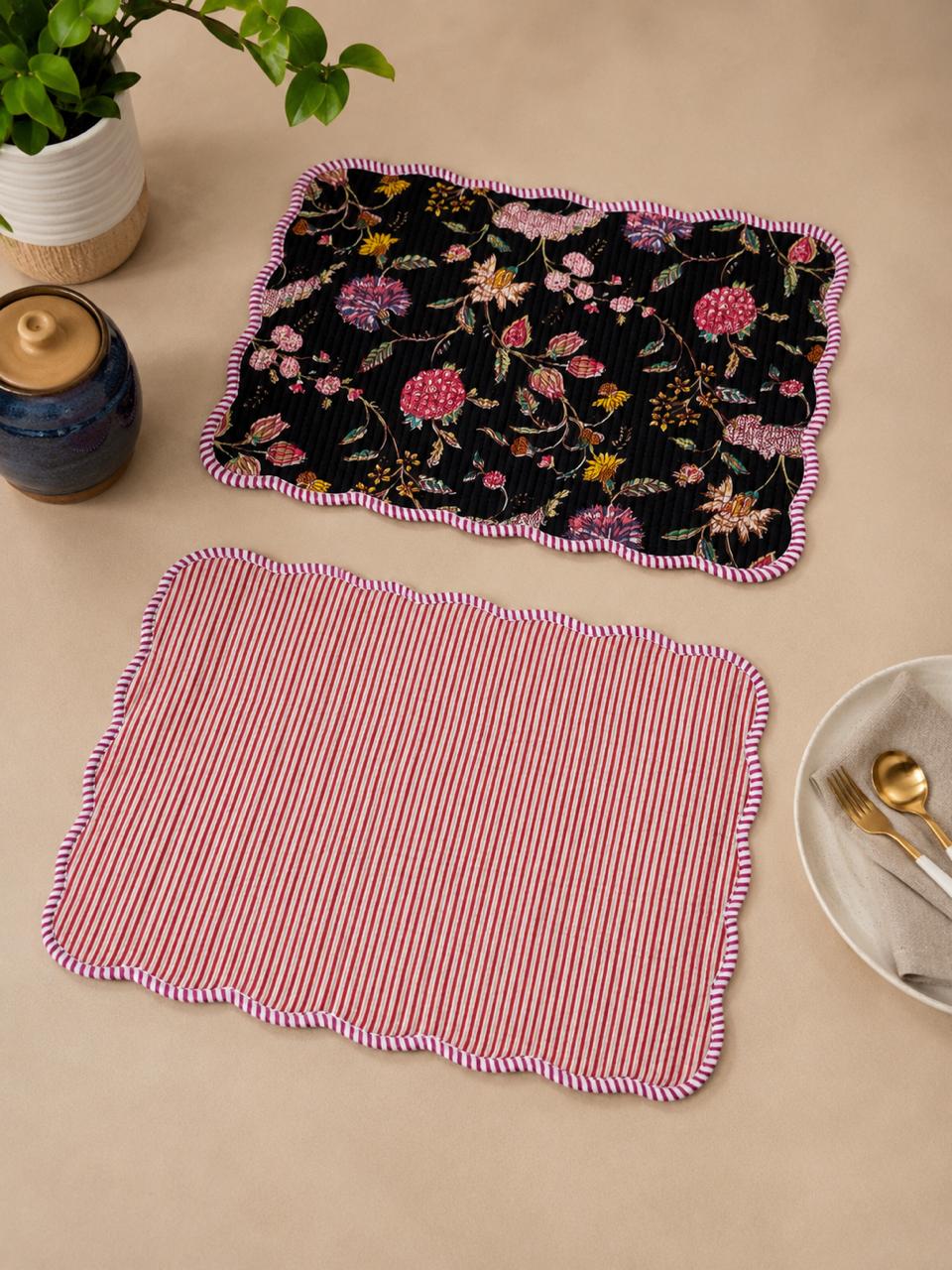 Pure cotton quilted scalloped reversible placemats 12x18 inches (set of 2)