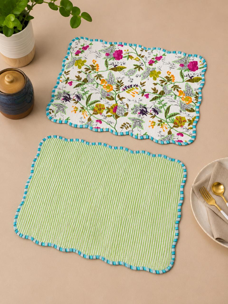 Pure cotton quilted scalloped reversible placemats 12x18 inches (set of 2)