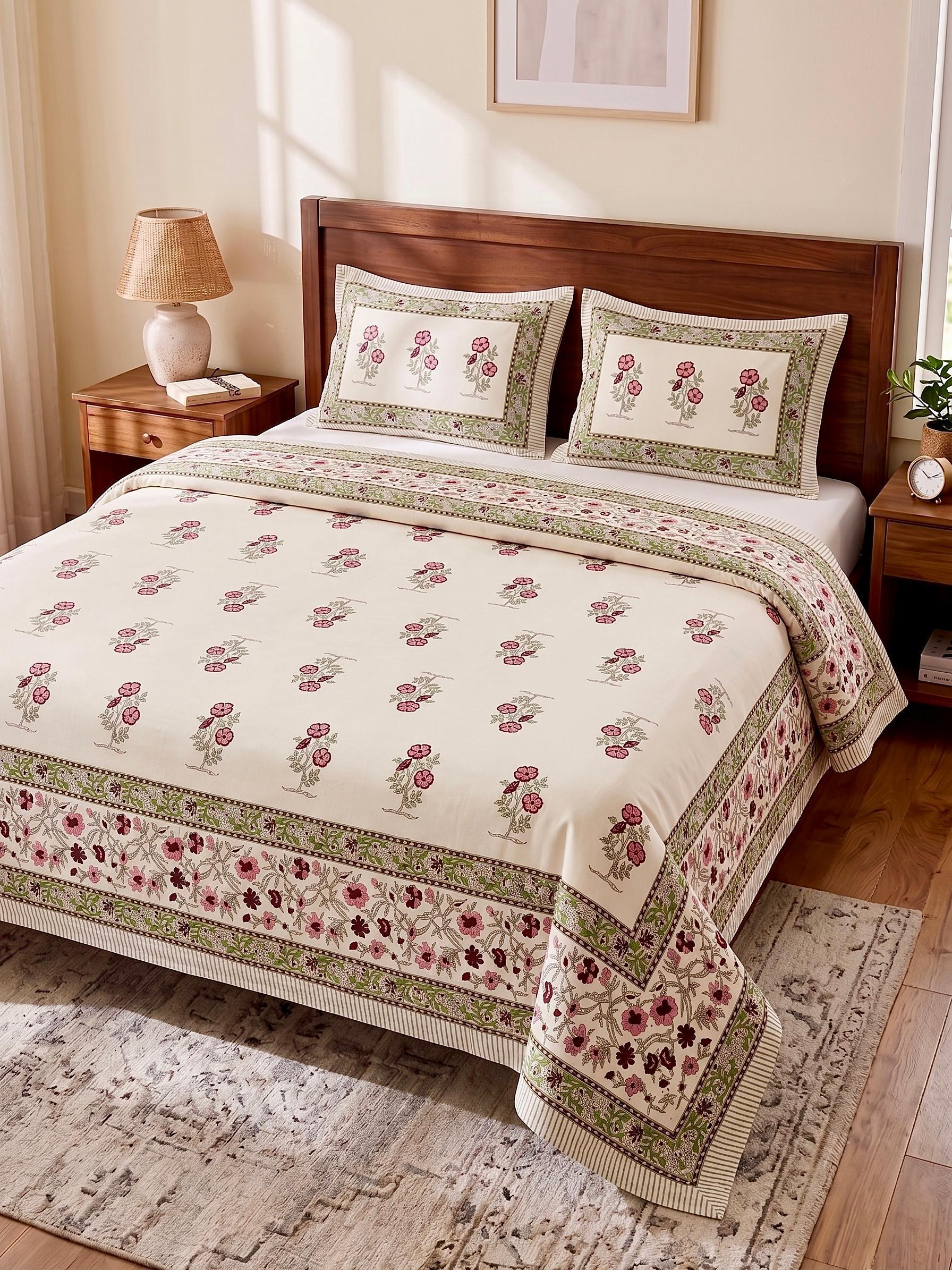 Pure cotton king size double bedsheet with two pillow covers (100x108 inches)