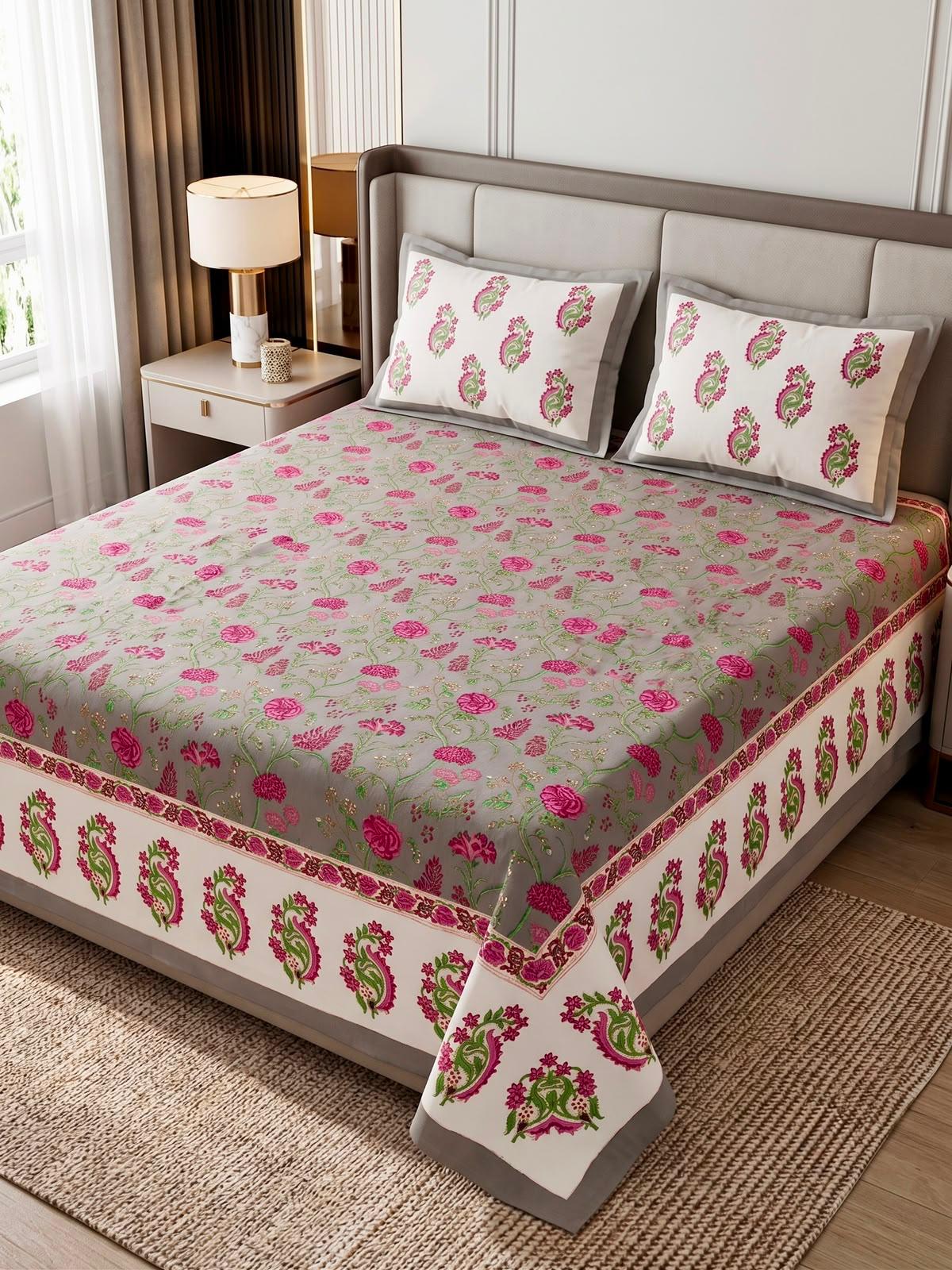 Pure cotton king size double bedsheet with two pillow covers (100x108 inches)