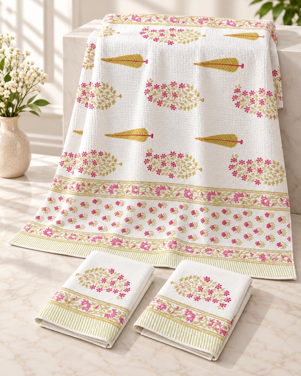 Pure cotton waffled textured hand-block printed bath combos (1 bath and 2 hand towels)