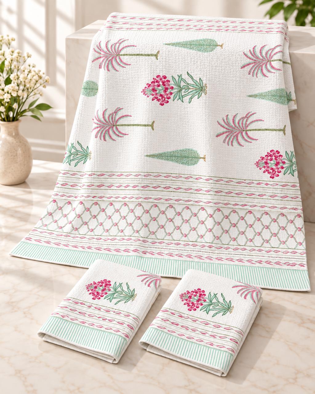 Pure cotton waffled textured hand-block printed bath combos (1 bath and 2 hand towels)