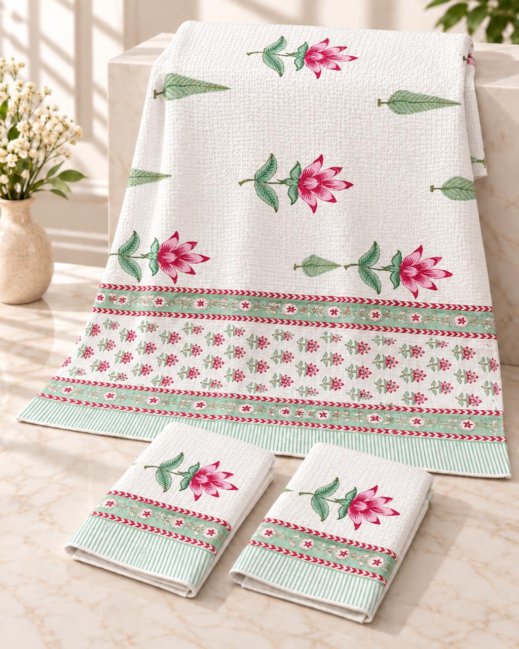 Pure cotton waffled textured hand-block printed bath combos (1 bath and 2 hand towels)