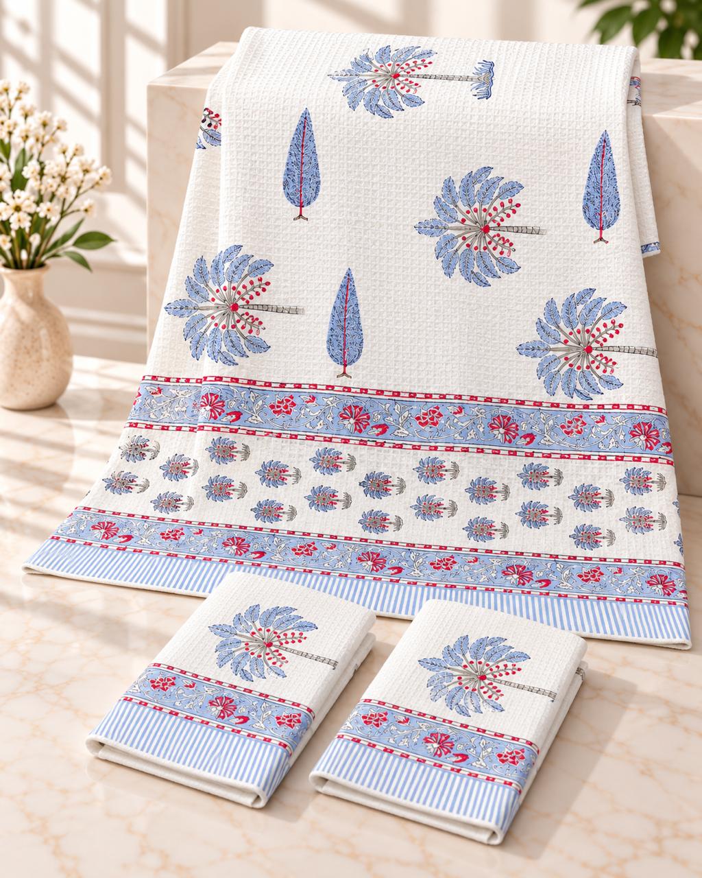 Pure cotton waffled textured hand-block printed bath combos (1 bath and 2 hand towels)