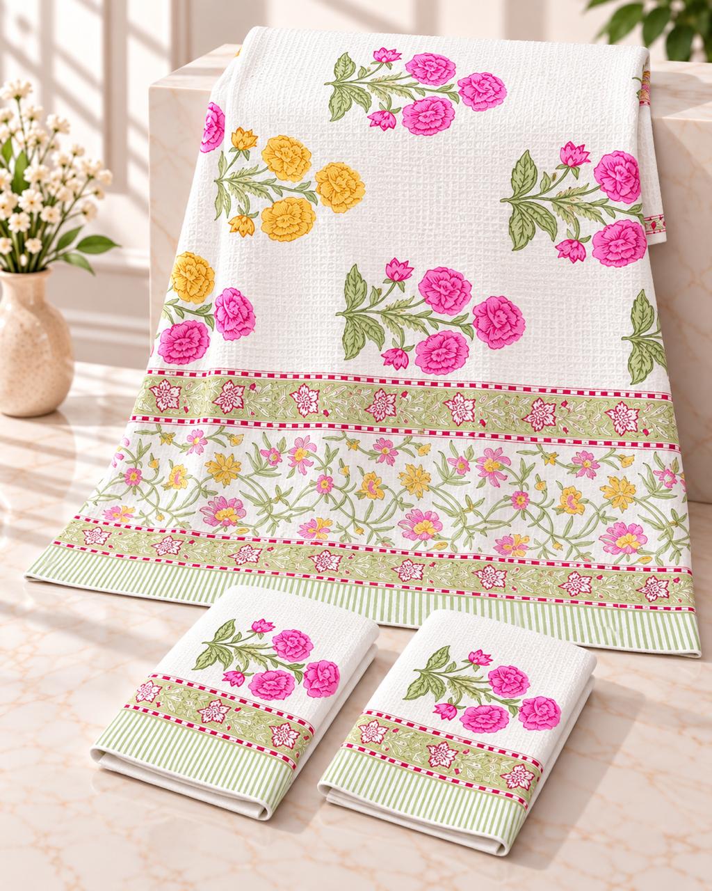Pure cotton waffled textured hand-block printed bath combos (1 bath and 2 hand towels)