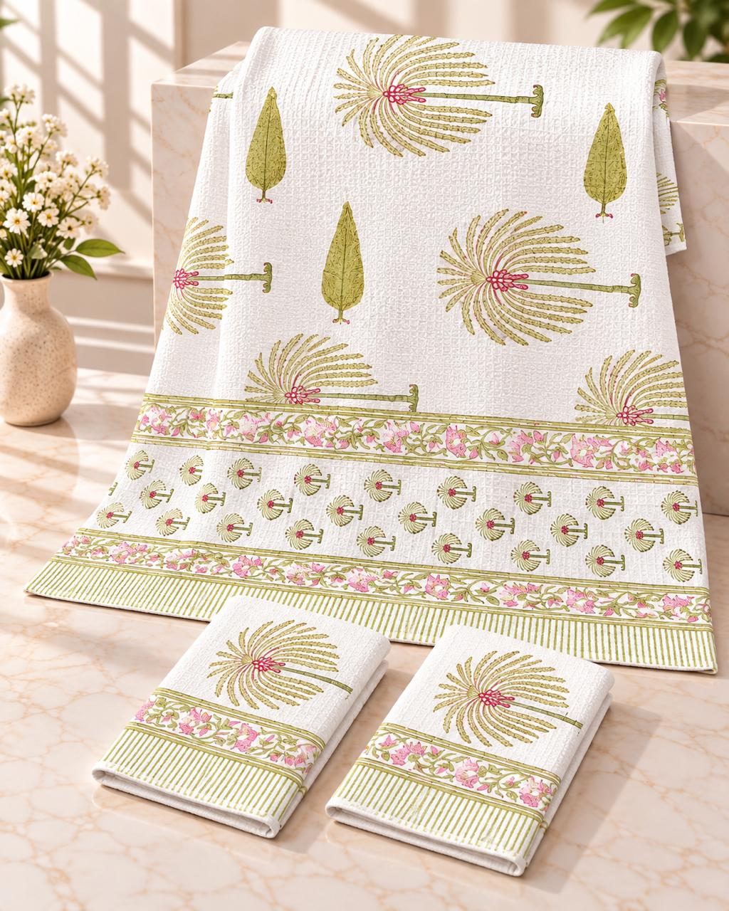Pure cotton waffled textured hand-block printed bath combos (1 bath and 2 hand towels)
