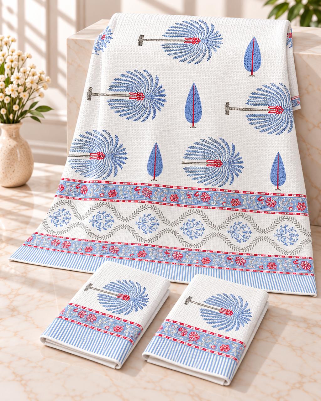 Pure cotton waffled textured hand-block printed bath combos (1 bath and 2 hand towels)