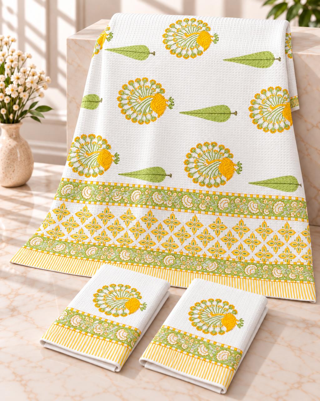 Pure cotton waffled textured hand-block printed bath combos (1 bath and 2 hand towels)