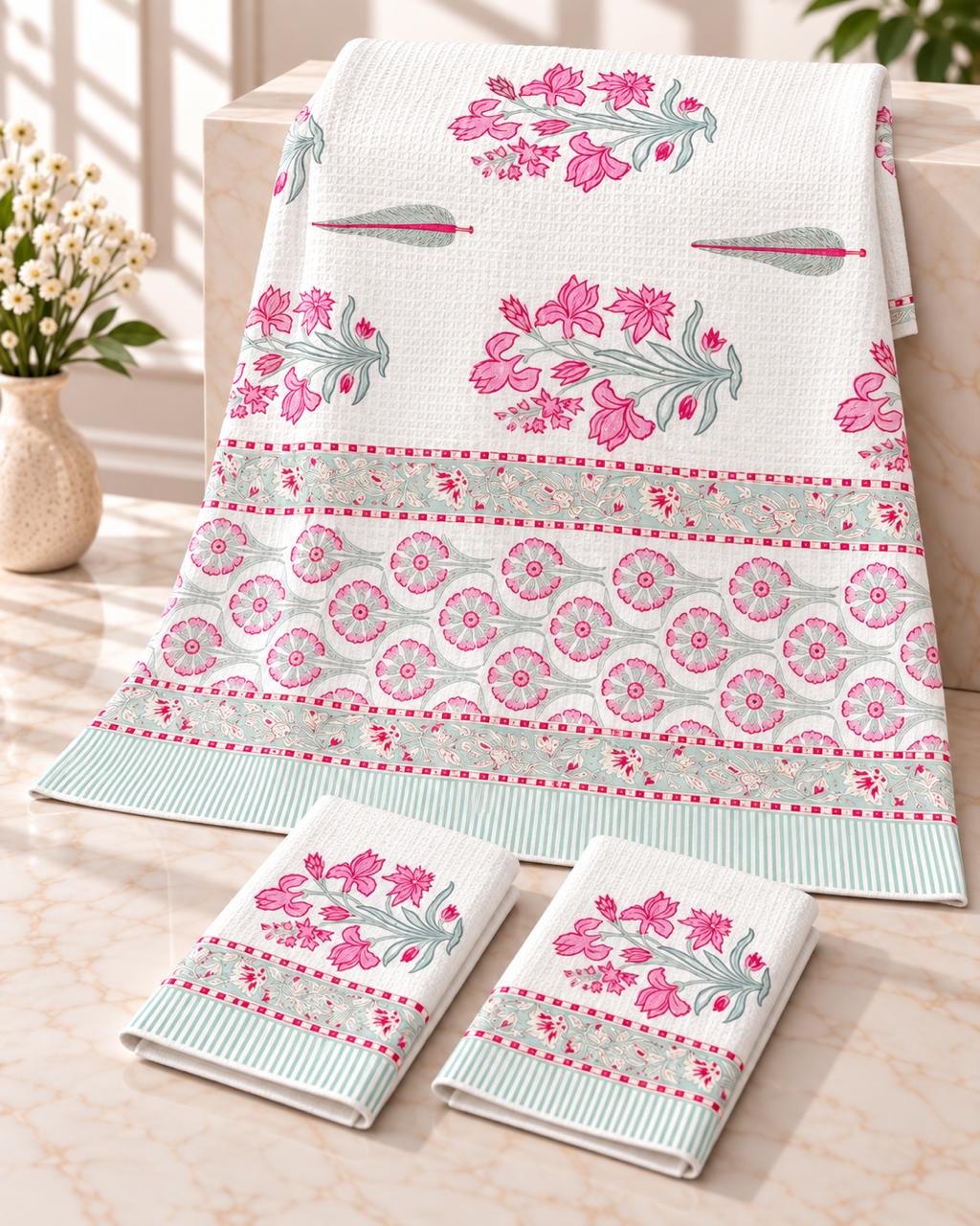 Pure cotton waffled textured hand-block printed bath combos (1 bath and 2 hand towels)