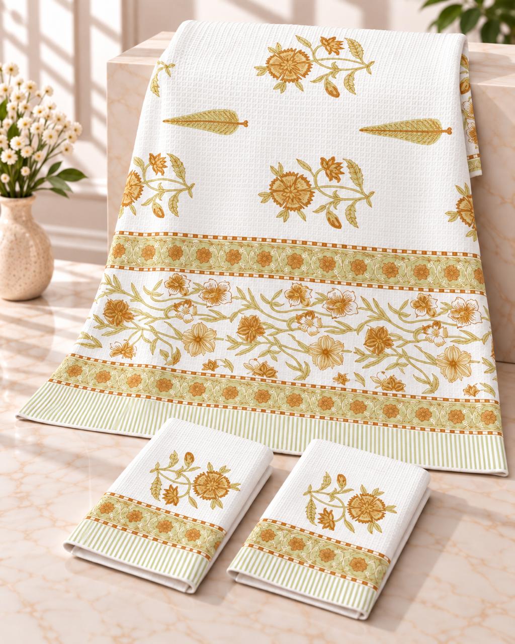 Pure cotton waffled textured hand-block printed bath combos (1 bath and 2 hand towels)