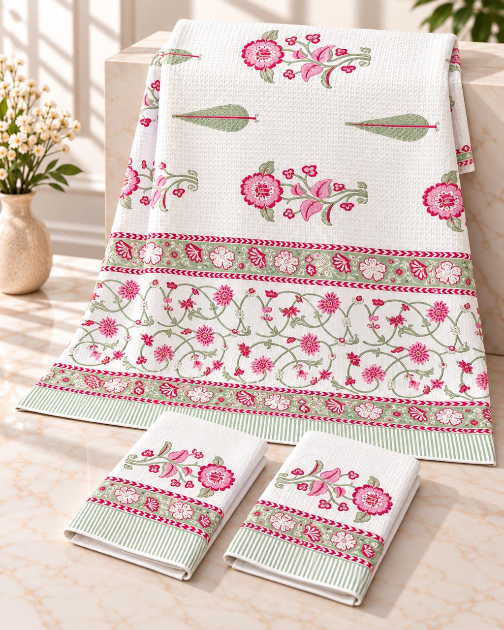 Pure cotton waffled textured hand-block printed bath combos (1 bath and 2 hand towels)
