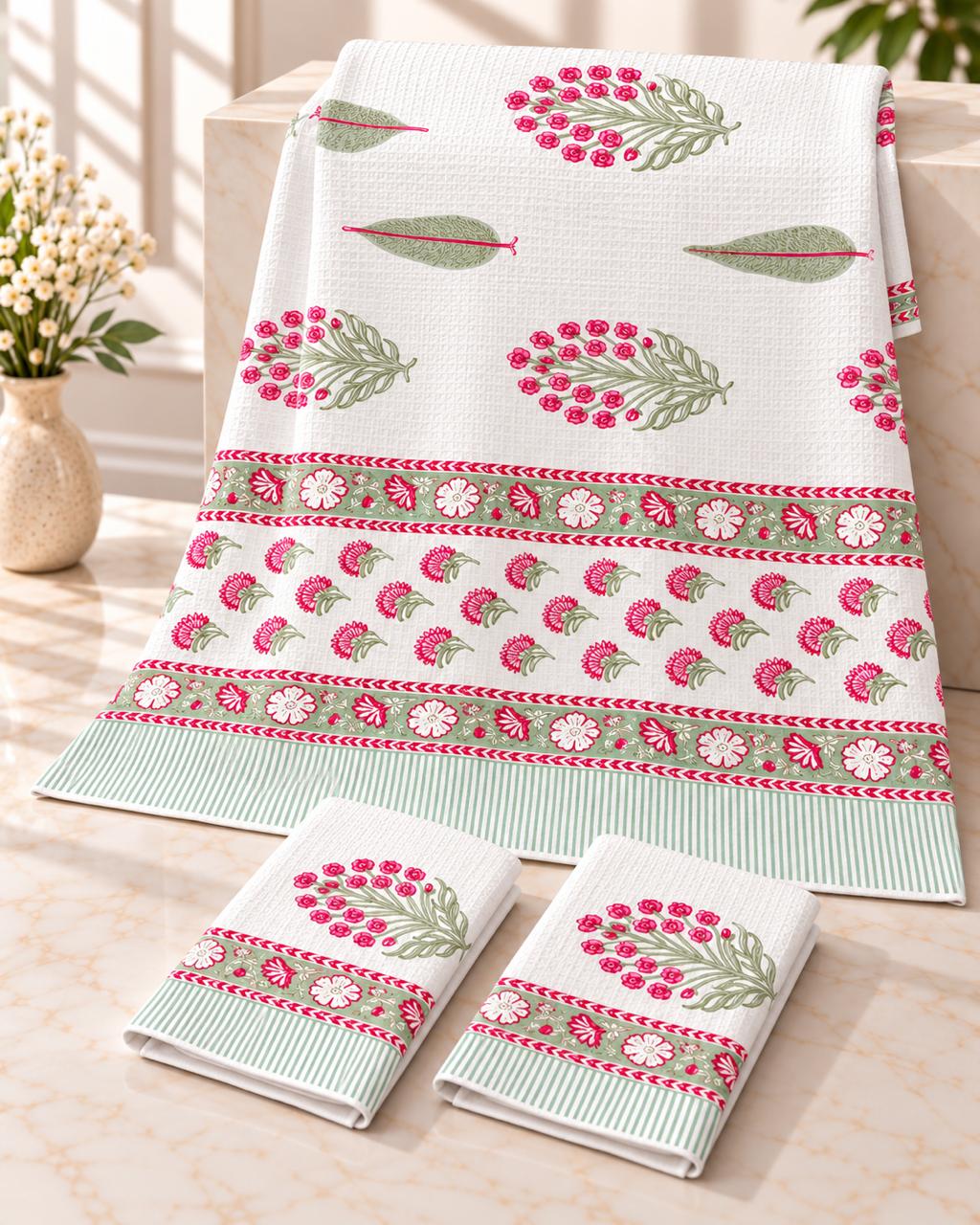 Pure cotton waffled textured hand-block printed bath combos (1 bath and 2 hand towels)