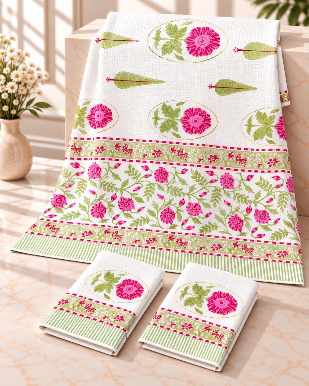 Pure cotton waffled textured hand-block printed bath combos (1 bath and 2 hand towels)