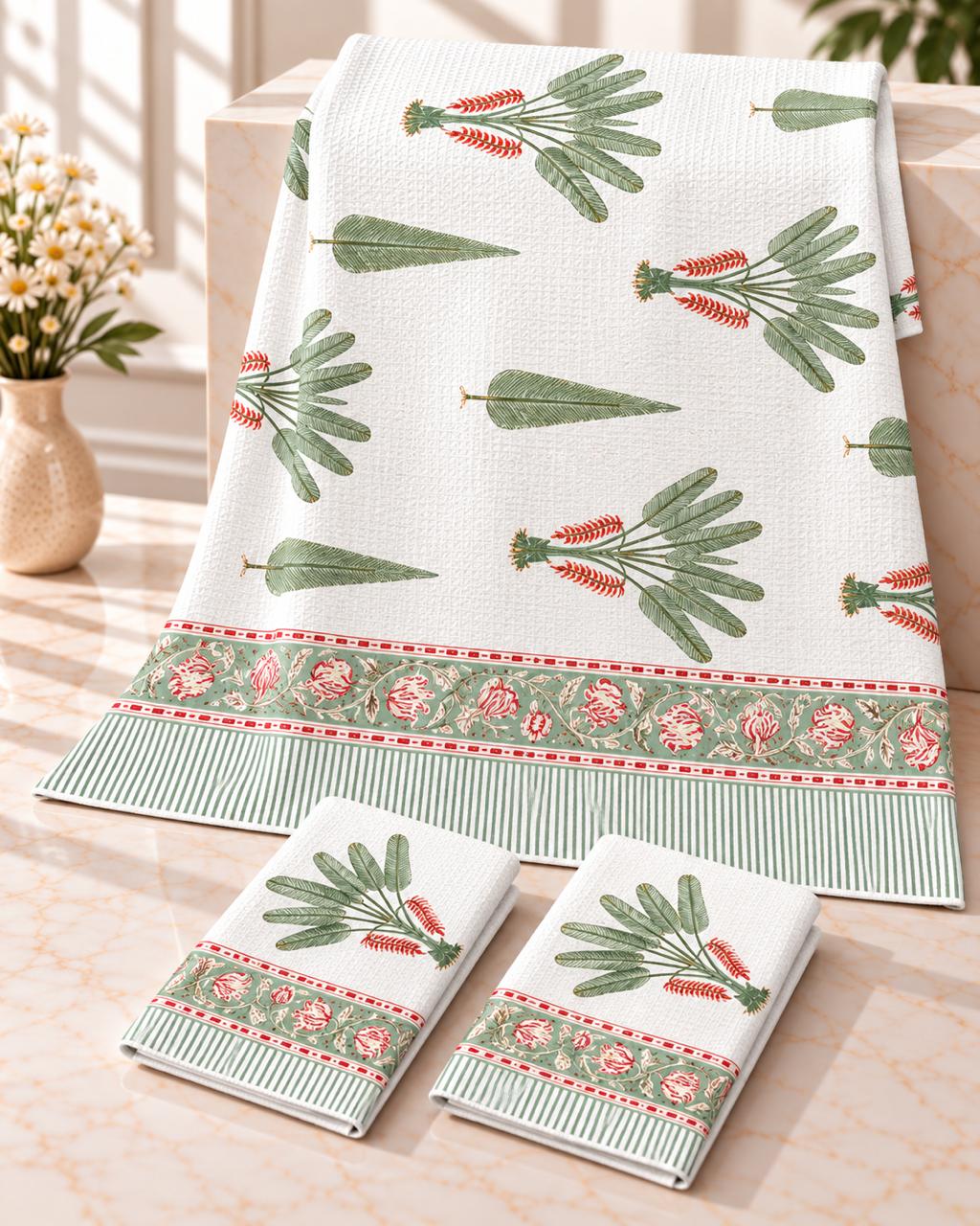Pure cotton waffled textured hand-block printed bath combos (1 bath and 2 hand towels)