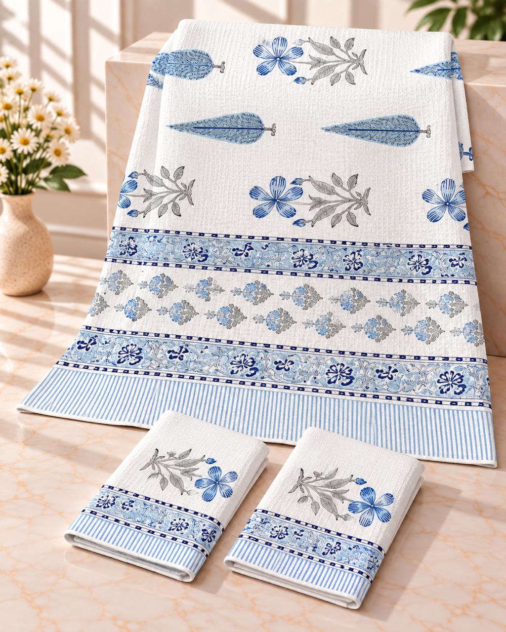 Pure cotton waffled textured hand-block printed bath combos (1 bath and 2 hand towels)