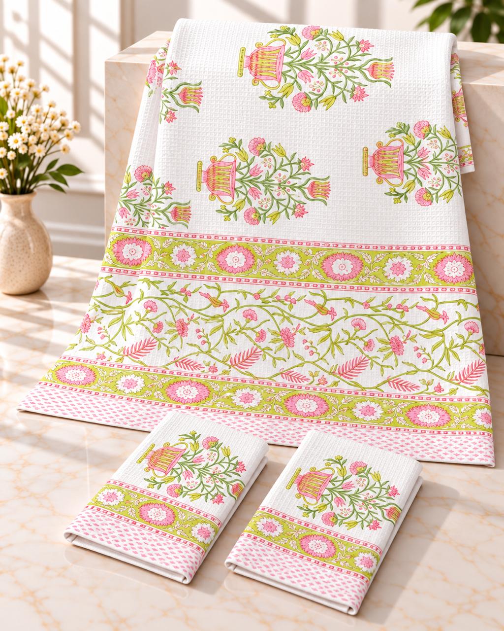 Pure cotton waffled textured hand-block printed bath combos (1 bath and 2 hand towels)