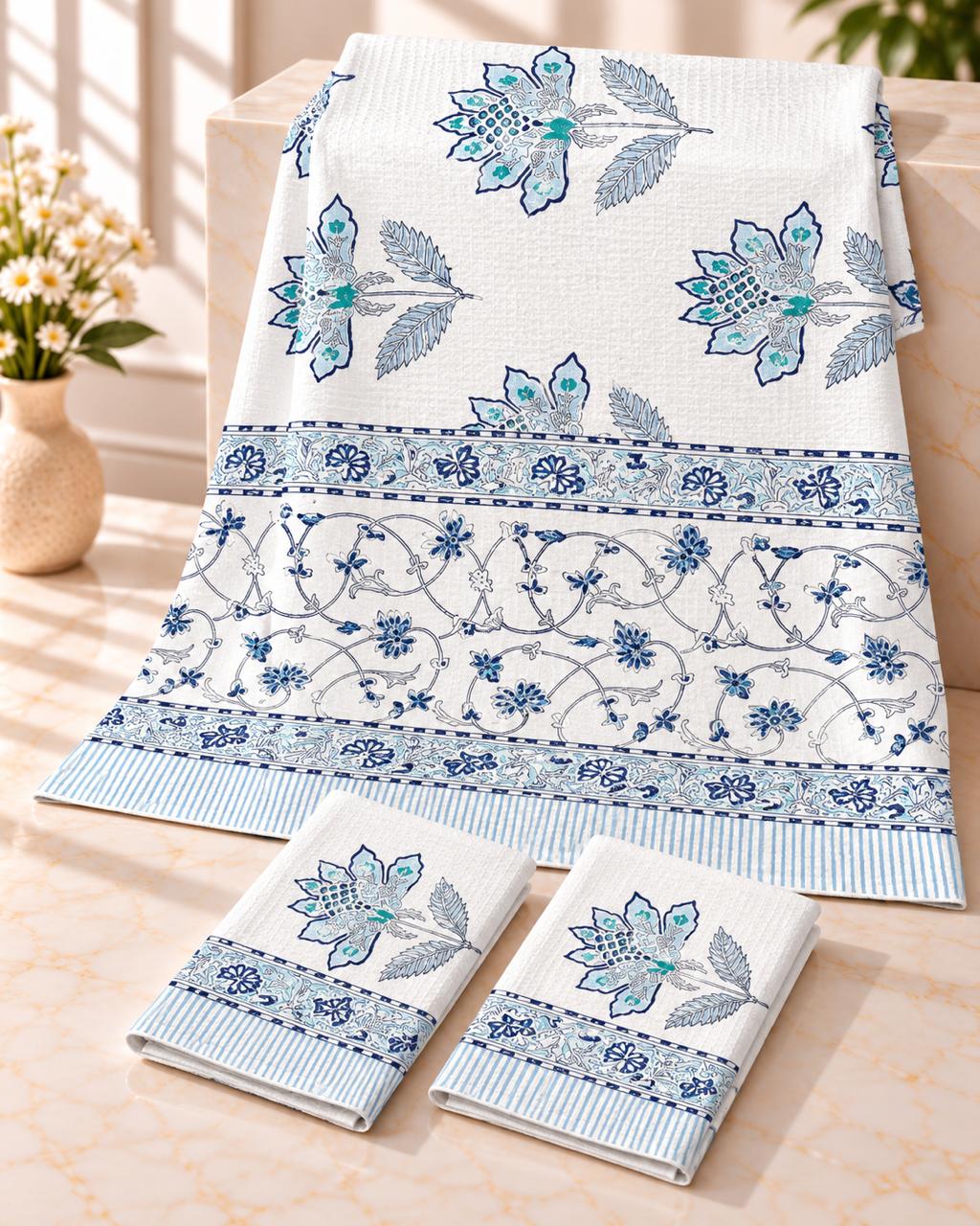 Pure cotton waffled textured hand-block printed bath combos (1 bath and 2 hand towels)