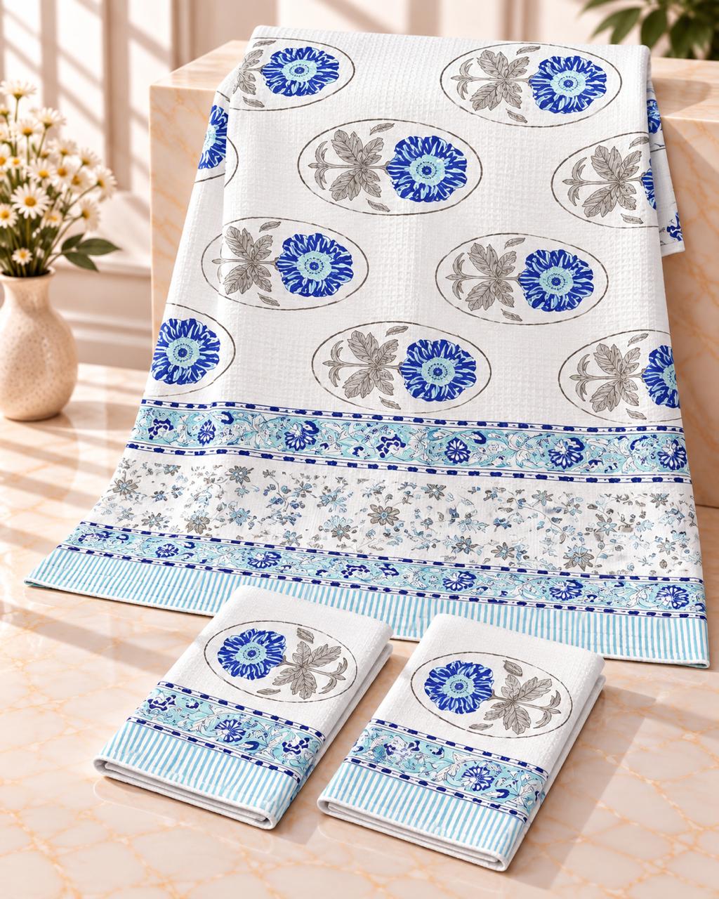 Pure cotton waffled textured hand-block printed bath combos (1 bath and 2 hand towels)