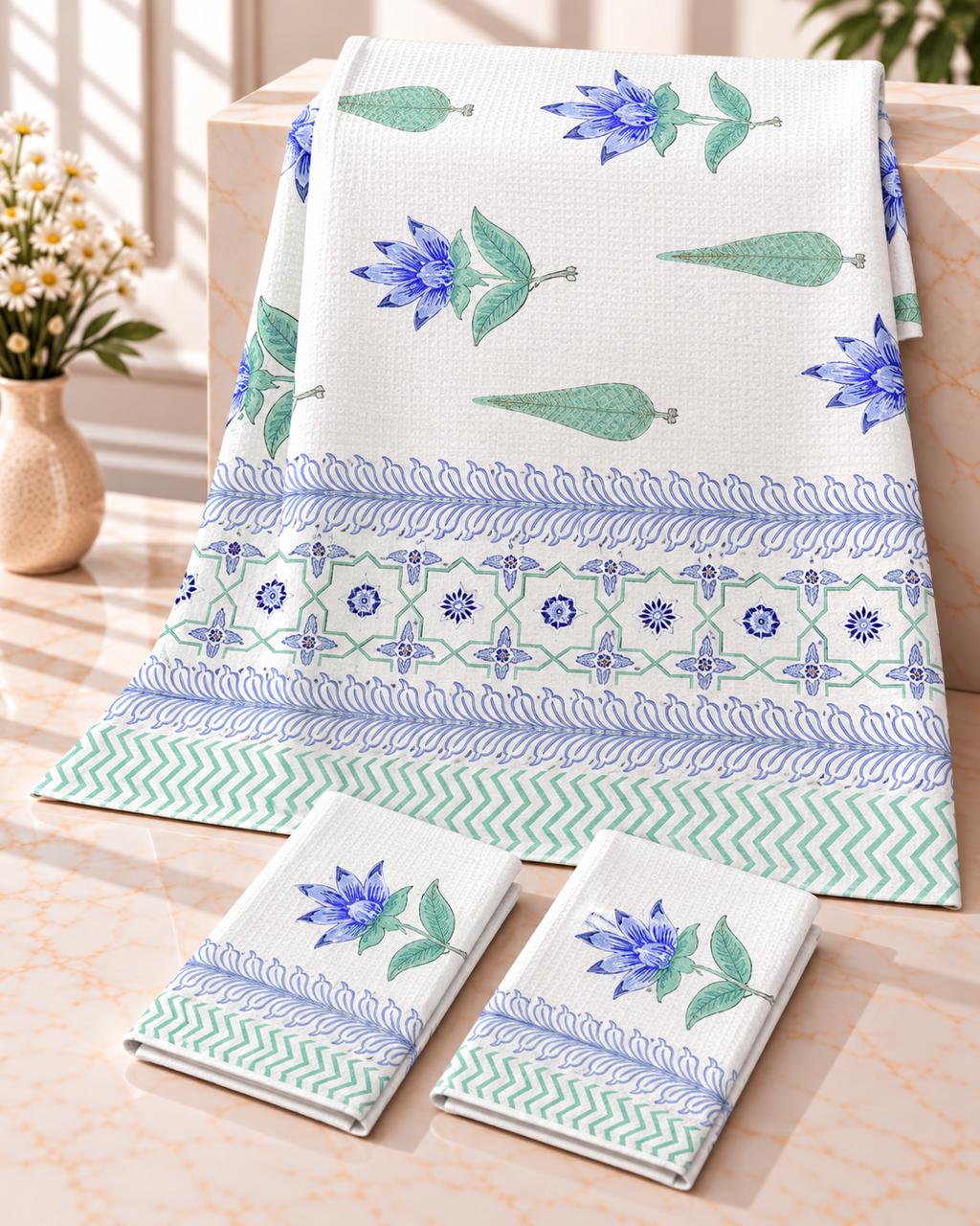 Pure cotton waffled textured hand-block printed bath combos (1 bath and 2 hand towels)
