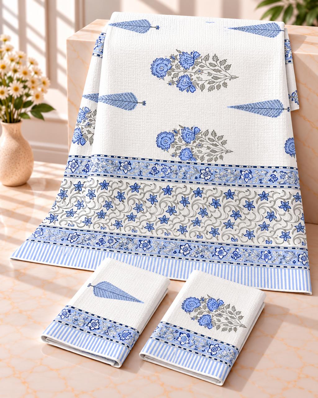 Pure cotton waffled textured hand-block printed bath combos (1 bath and 2 hand towels)