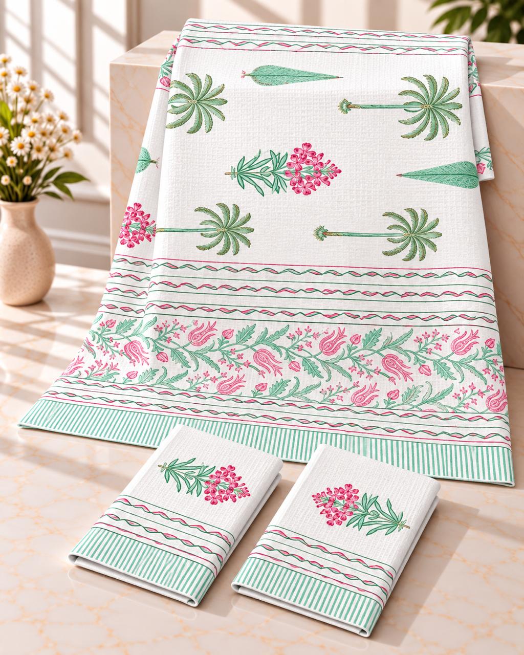 Pure cotton waffled textured hand-block printed bath combos (1 bath and 2 hand towels)