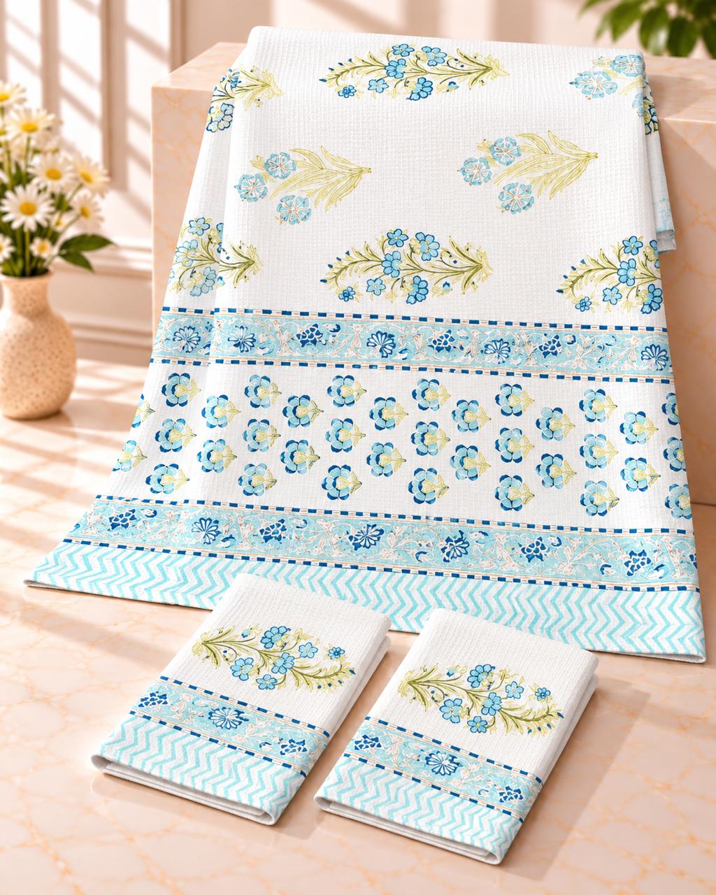 Pure cotton waffled textured hand-block printed bath combos (1 bath and 2 hand towels)