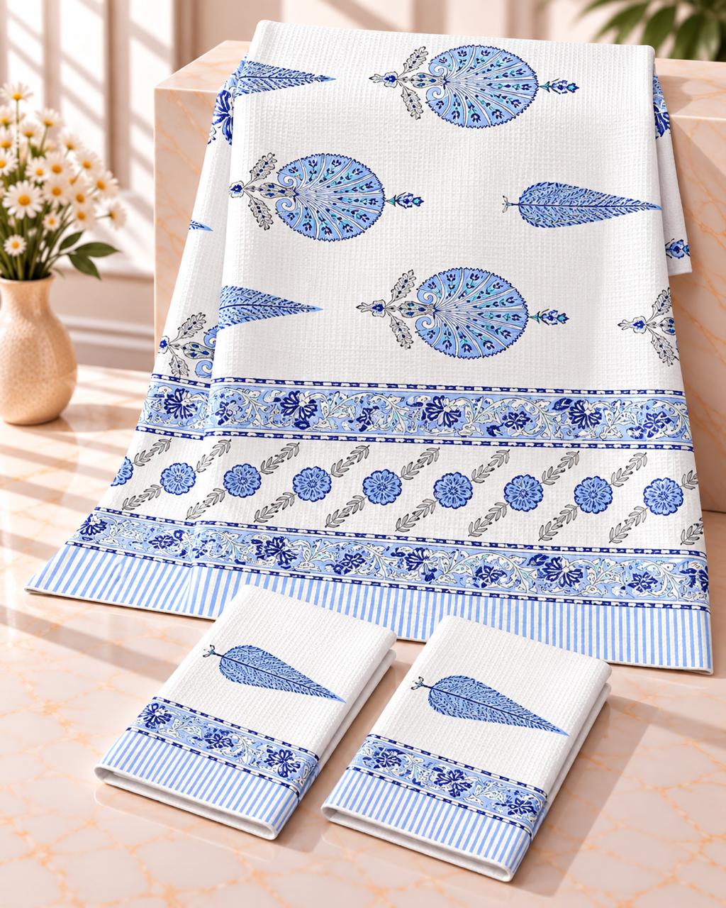 Pure cotton waffled textured hand-block printed bath combos (1 bath and 2 hand towels)