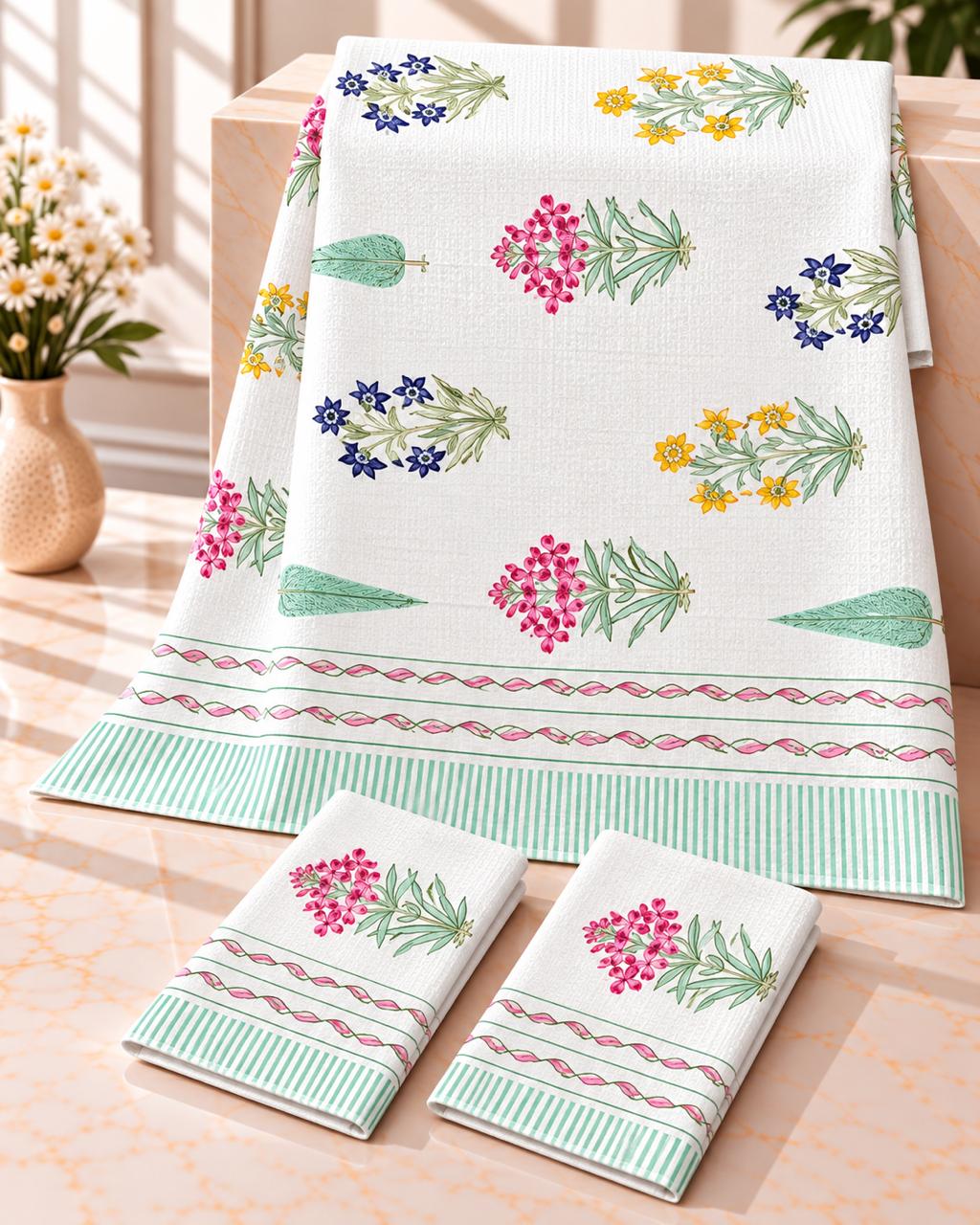 Pure cotton waffled textured hand-block printed bath combos (1 bath and 2 hand towels)