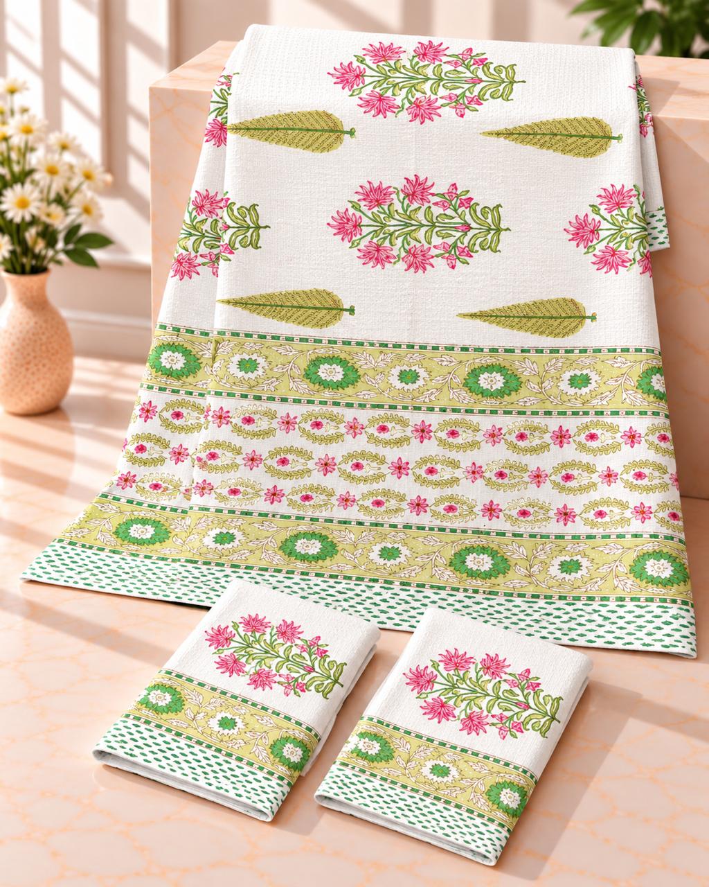 Pure cotton waffled textured hand-block printed bath combos (1 bath and 2 hand towels)