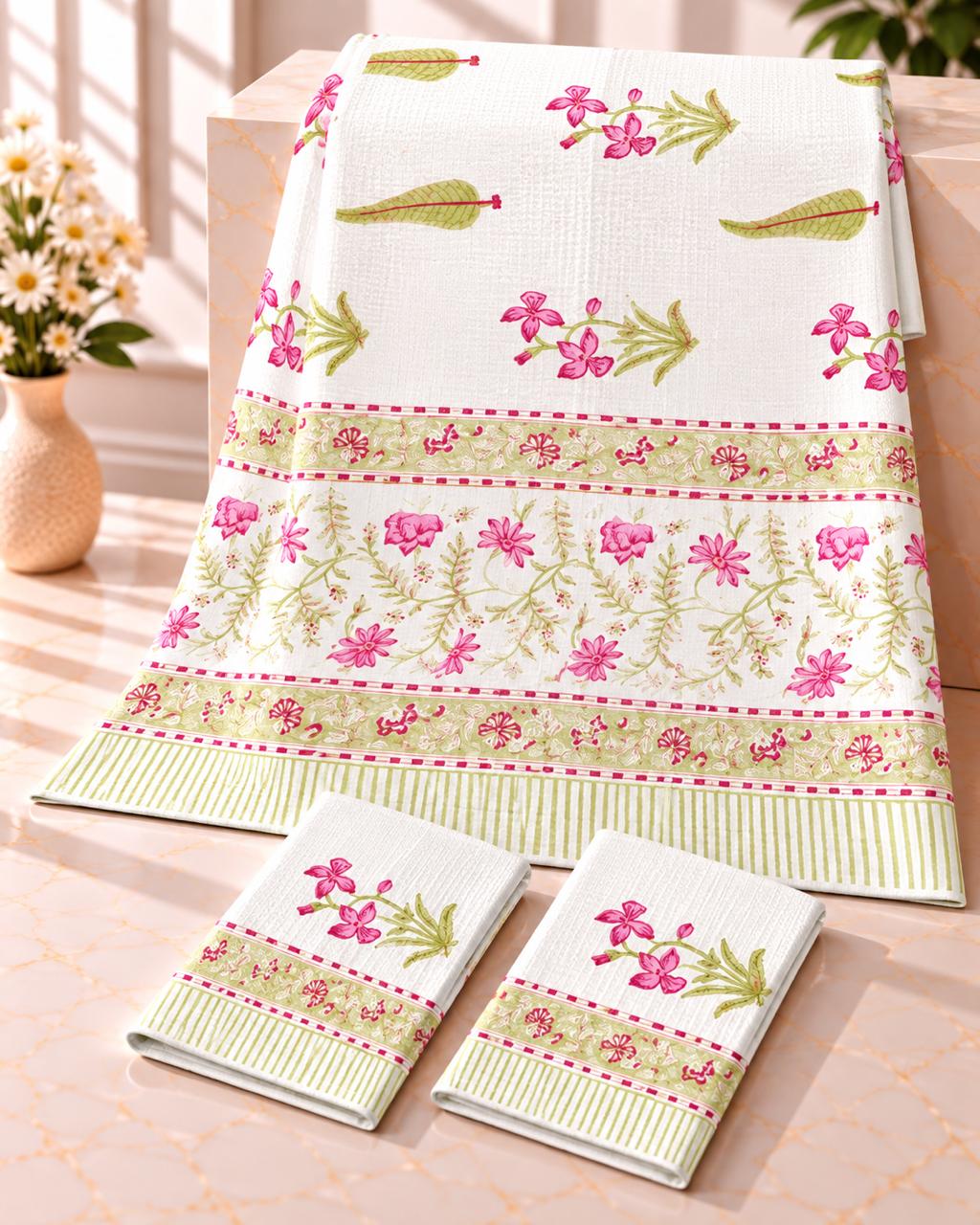Pure cotton waffled textured hand-block printed bath combos (1 bath and 2 hand towels)