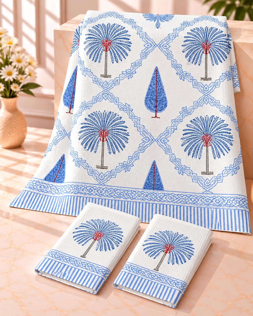 Pure cotton waffled textured hand-block printed bath combos (1 bath and 2 hand towels)