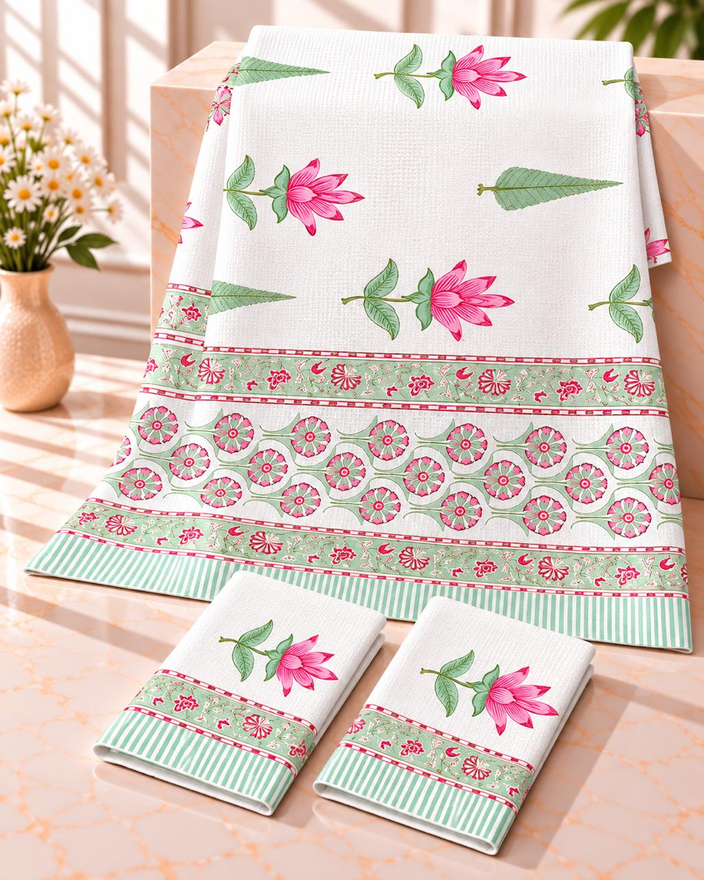 Pure cotton waffled textured hand-block printed bath combos (1 bath and 2 hand towels)