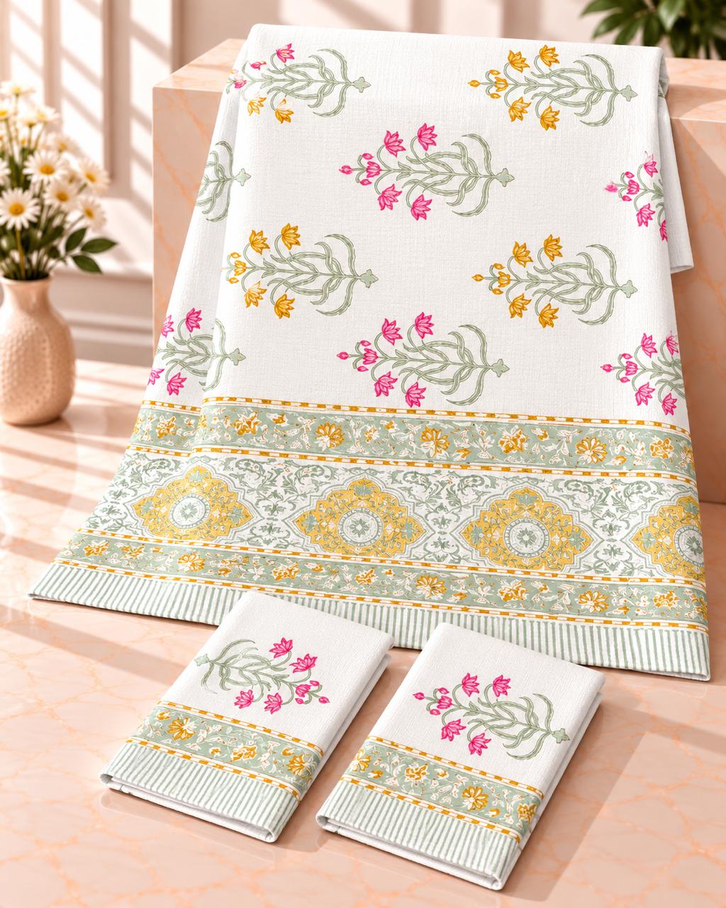 Pure cotton waffled textured hand-block printed bath combos (1 bath and 2 hand towels)