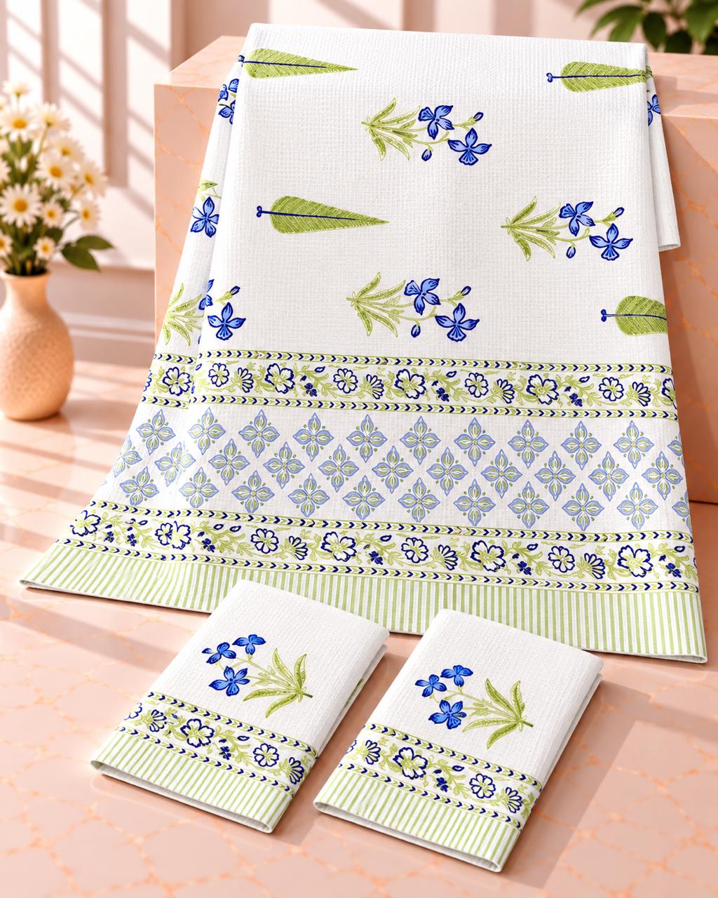 Pure cotton waffled textured hand-block printed bath combos (1 bath and 2 hand towels)