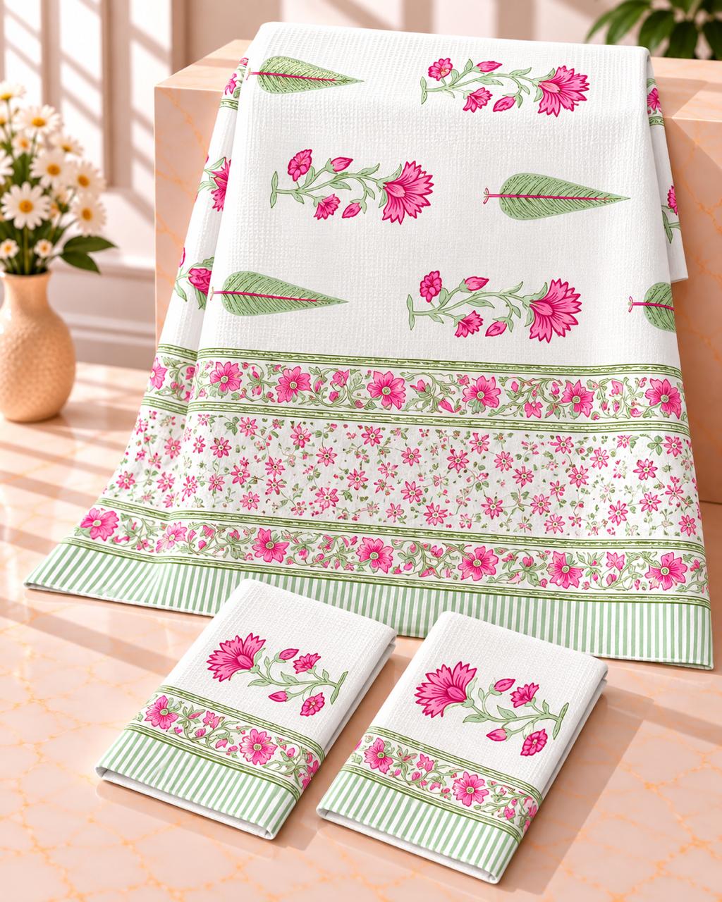Pure cotton waffled textured hand-block printed bath combos (1 bath and 2 hand towels)