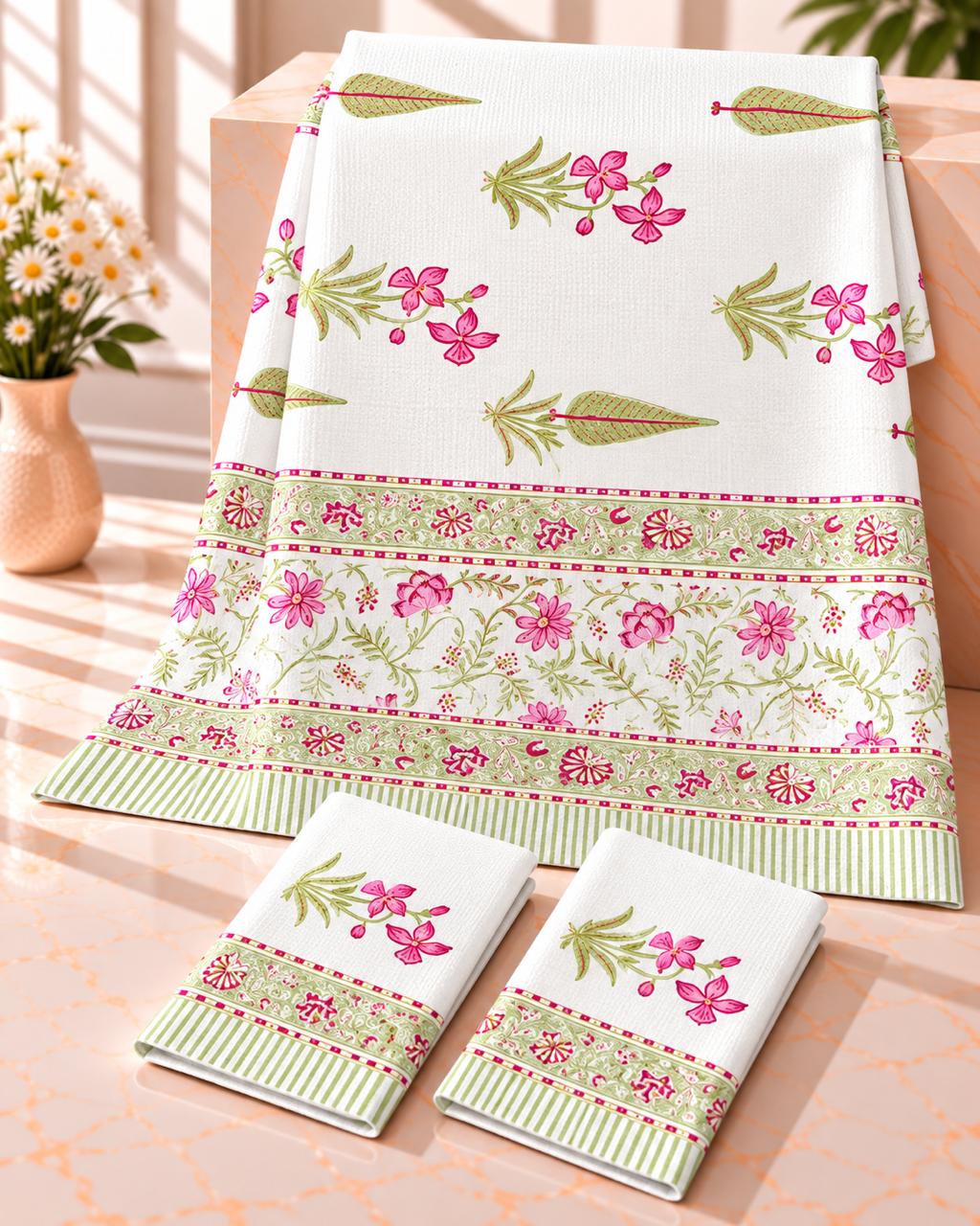 Pure cotton waffled textured hand-block printed bath combos (1 bath and 2 hand towels)
