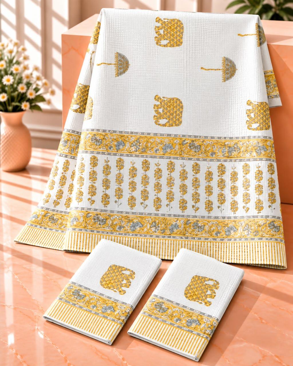 Pure cotton waffled textured hand-block printed bath combos (1 bath and 2 hand towels)