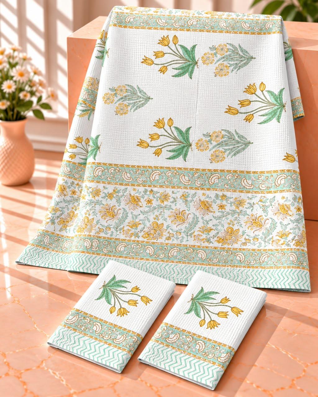 Pure cotton waffled textured hand-block printed bath combos (1 bath and 2 hand towels)