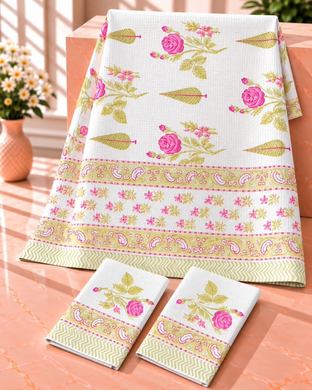 Pure cotton waffled textured hand-block printed bath combos (1 bath and 2 hand towels)