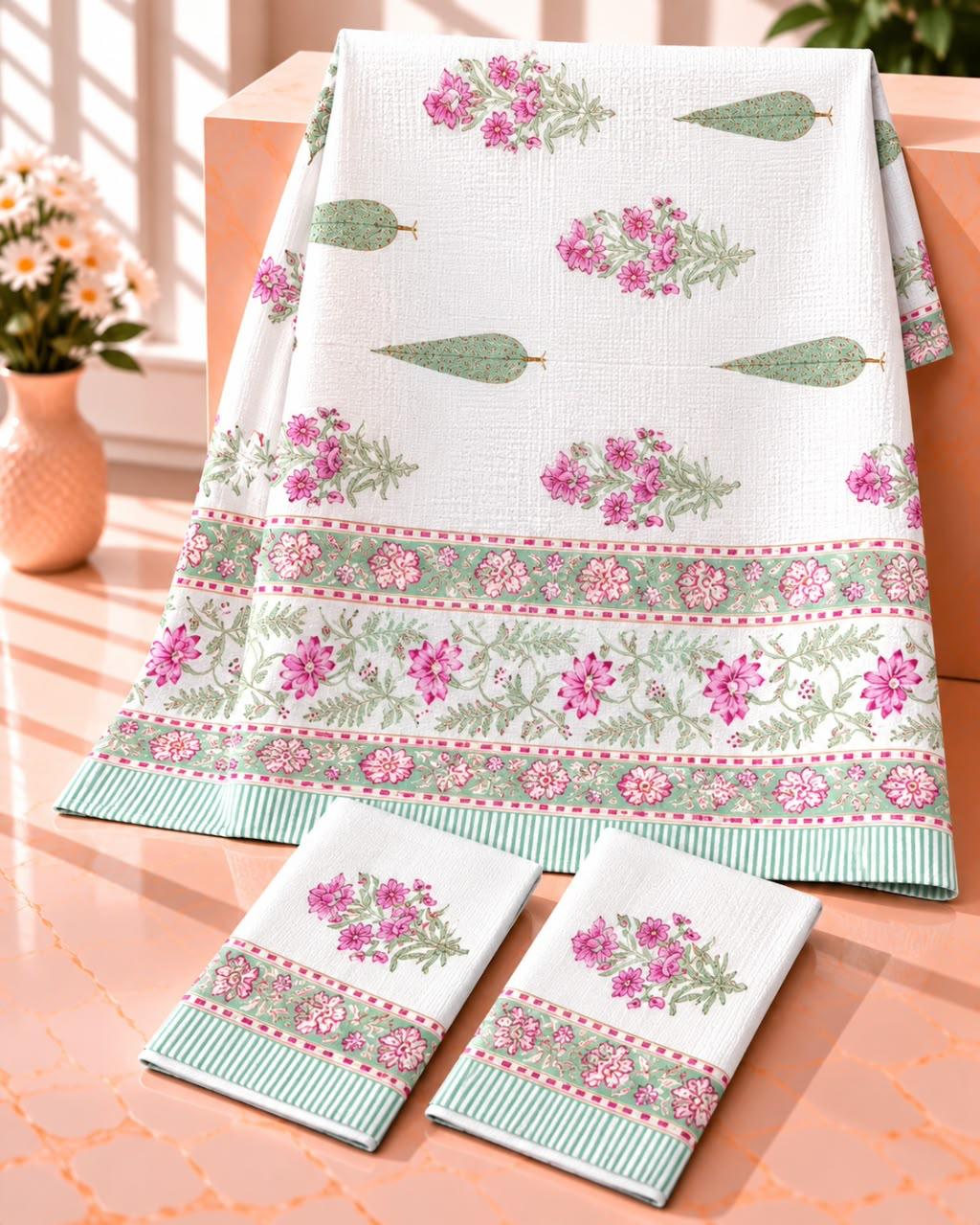 Pure cotton waffled textured hand-block printed bath combos (1 bath and 2 hand towels)