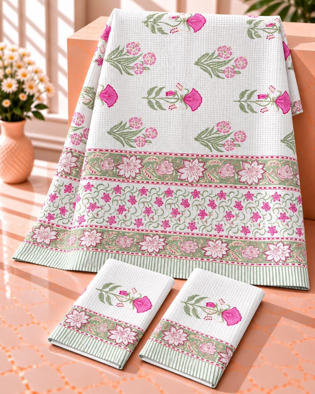 Pure cotton waffled textured hand-block printed bath combos (1 bath and 2 hand towels)
