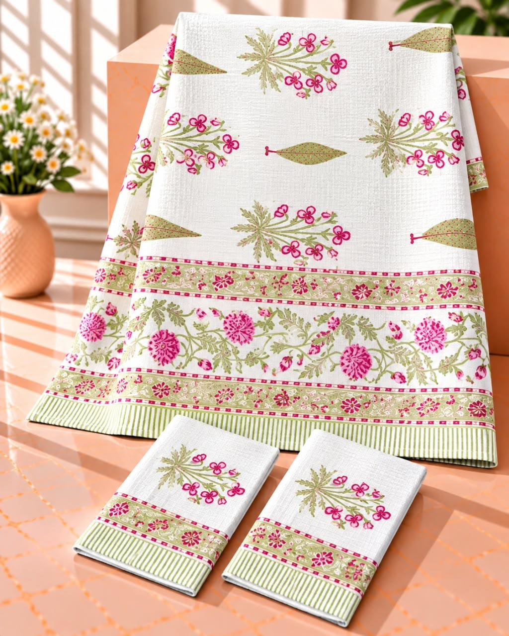 Pure cotton waffled textured hand-block printed bath combos (1 bath and 2 hand towels)
